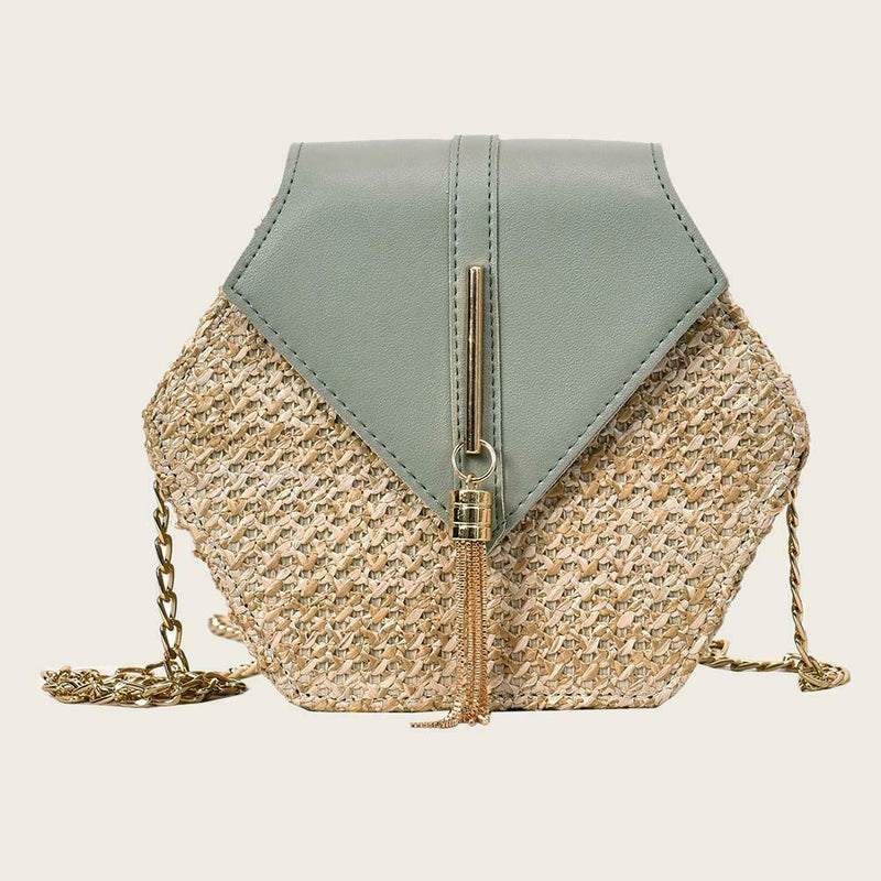 Hex-shape Straw+PU Shoulder Handbags Beach Women Top-handle Bags (Green) A