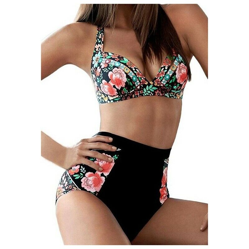Women's Halter Geometric Print High Waisted Swimsuit Bathing Suits Bikini,  X8S4