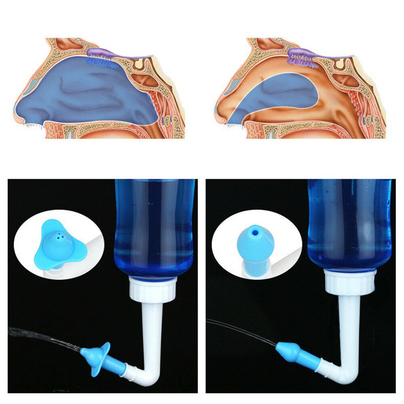 500mL Sinus Allergy Relief Neti Pot Nasal Cleaner Wash Rinse Bottle + Heads