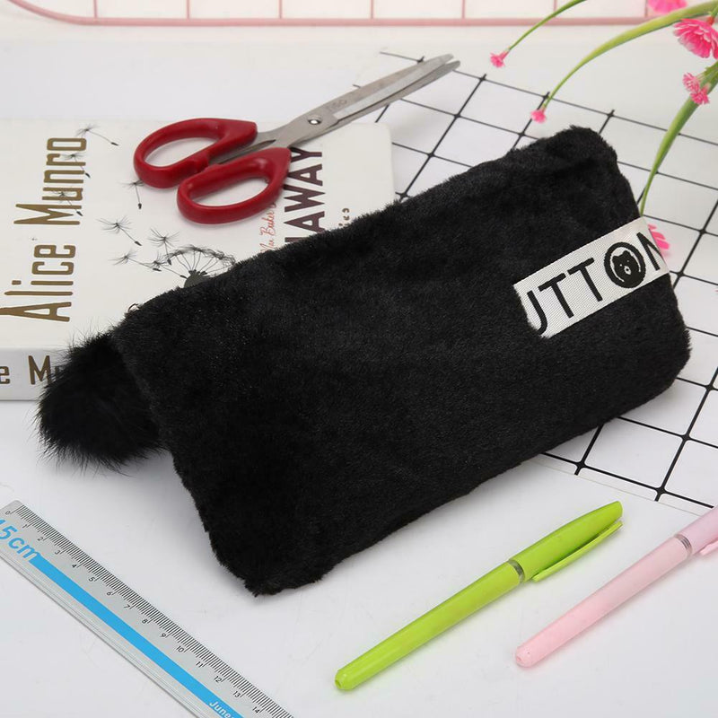 Cute Soft Plush Pencil Bag Stationery Cosmetic Pouch Student Supply (Black) A