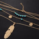 3 Layers Womens Boho Pendant Necklace Metal Feather Beads Sexy Jewellery