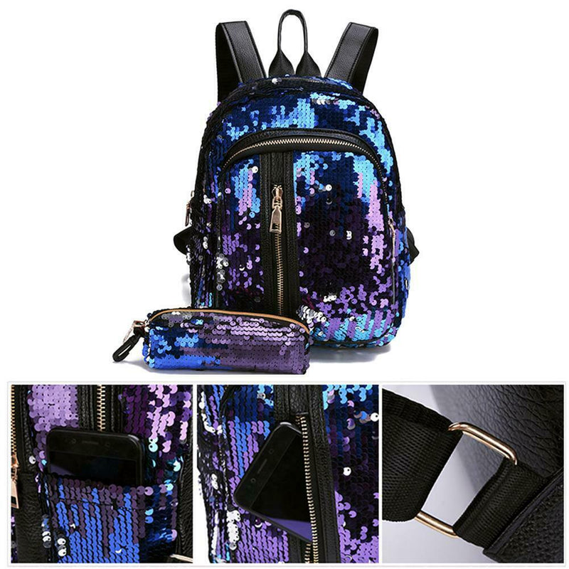 2pcs/Set Women Gorgeous Sequin Backpack Party Shoulder Pencil Handbag/Blue