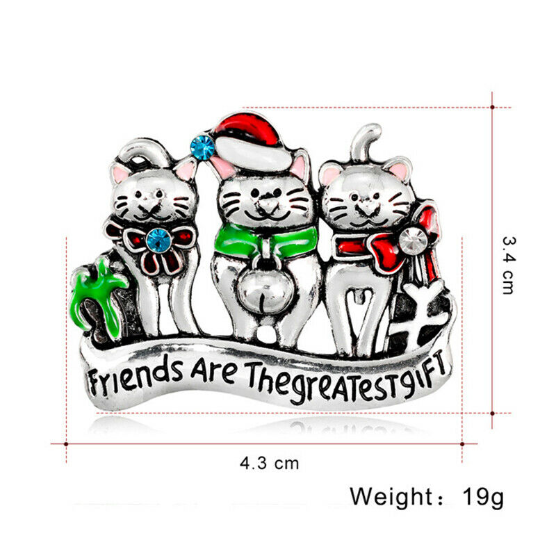 "Friends Are The Greatest Gift" Cat Enamel Rhinestone Brooch Pin for Women  F7R8