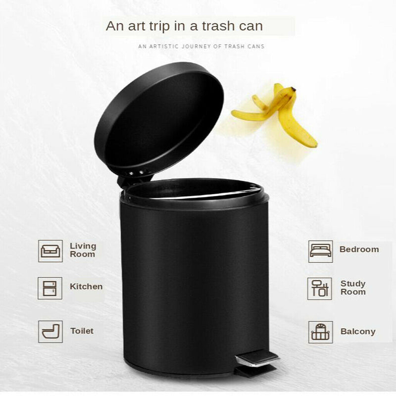 5L Round Metal Step Trash Can Bathroom Silent Wastebasket Garbage Bin Black