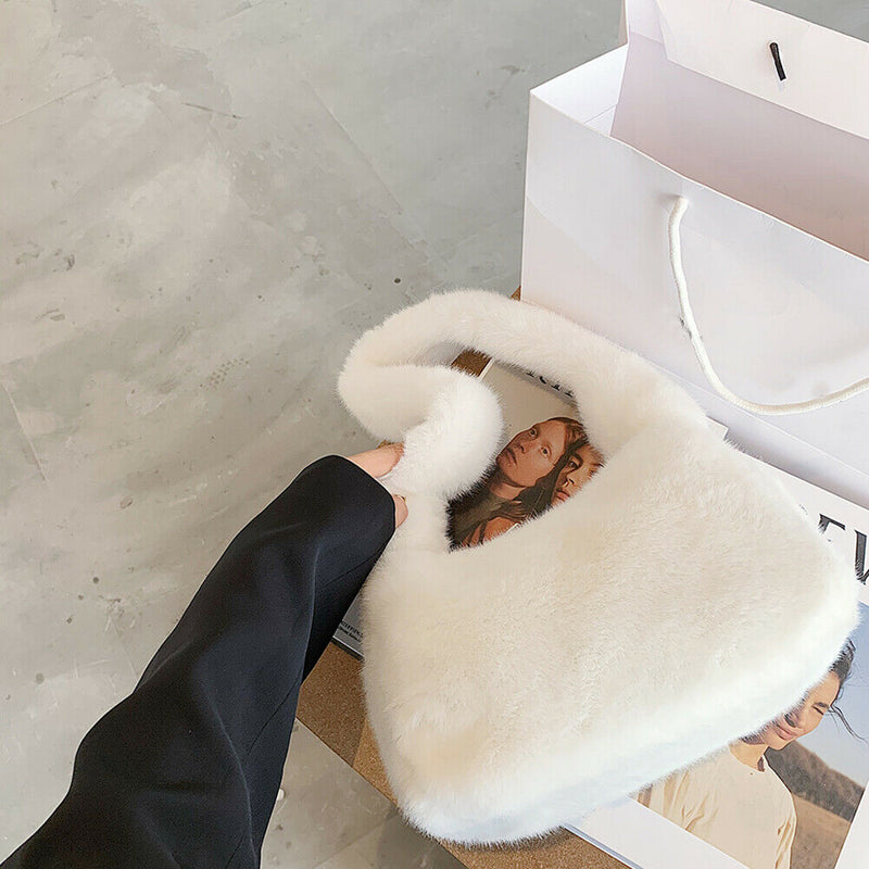 Women Fluffy Shoulder Bag Solid Plush Handbags Female Winter Totes (White)