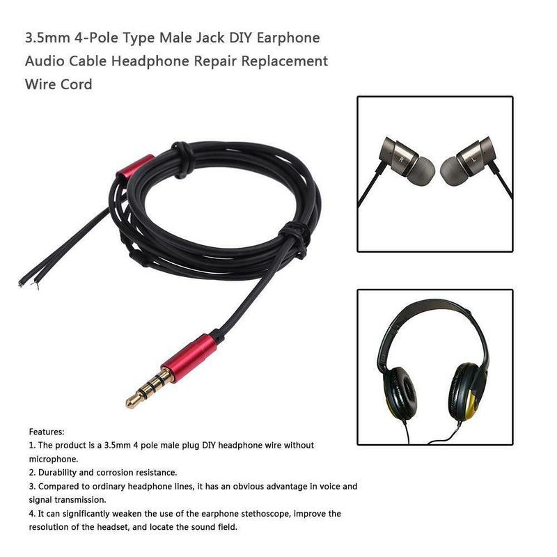 1.25m 3.5mm DIY Earphone Audio Cable Headphone Replacement 4 Pole Wire Cord US