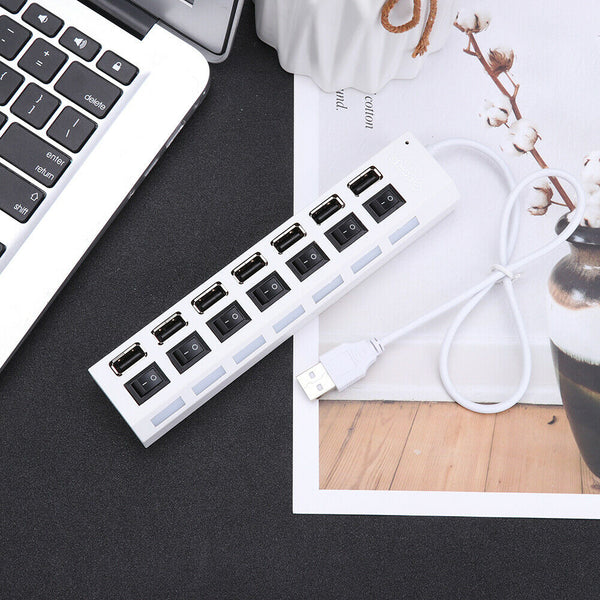 7 Ports High Speed USB 2.0 Hub Splitter w/ON/OFF Switch for Laptop (White)