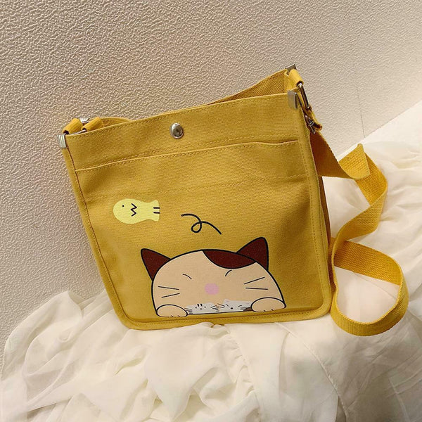 2pcs/set Women Canvas Cat Print Shoulder Satchel Handbags Pen Bag (Yellow) A#S