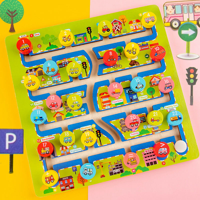Kid Wooden Digital Traffic Maze Slide Toys Children Educational Puzzle Game