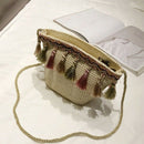 Women Tassel Coin Purse Diagonal Across The Shoulder Rattan Beach Bag(Khaki