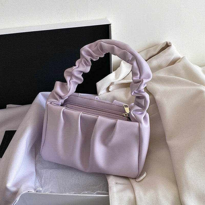 Women Candy Color Shoulder Bags Pleated Ruffle PU Totes Handbag (Purple)