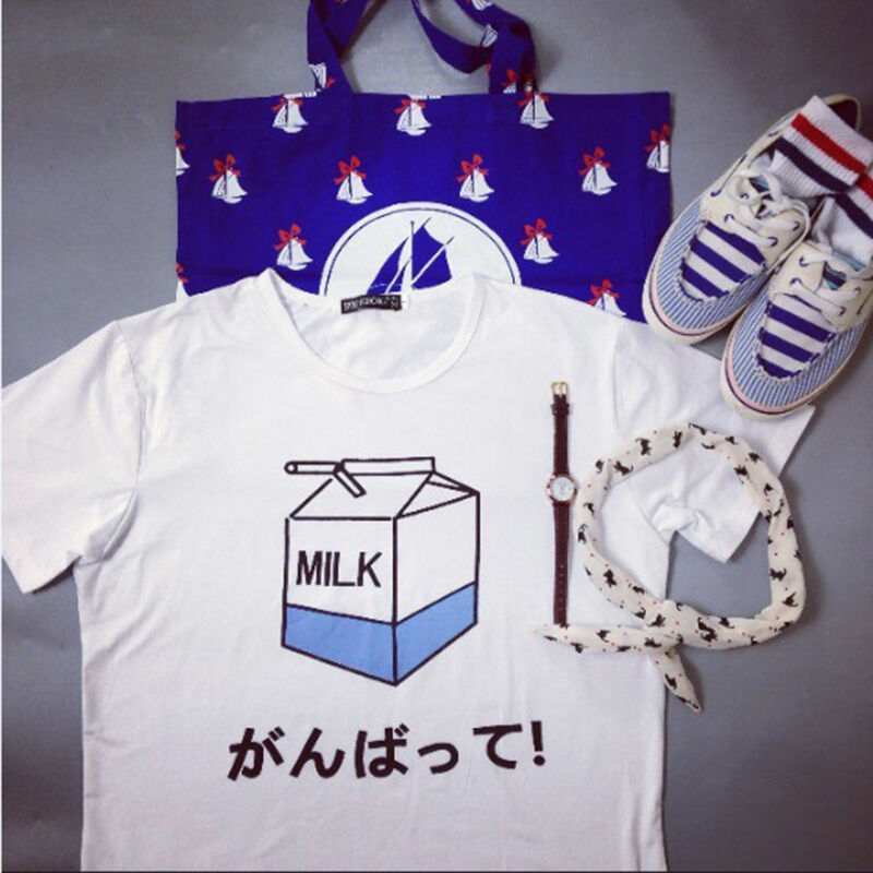 Women Summer Harajuku Cute Milk Print Loose T-Shirts Basic Tee Tops Shirt A Bj