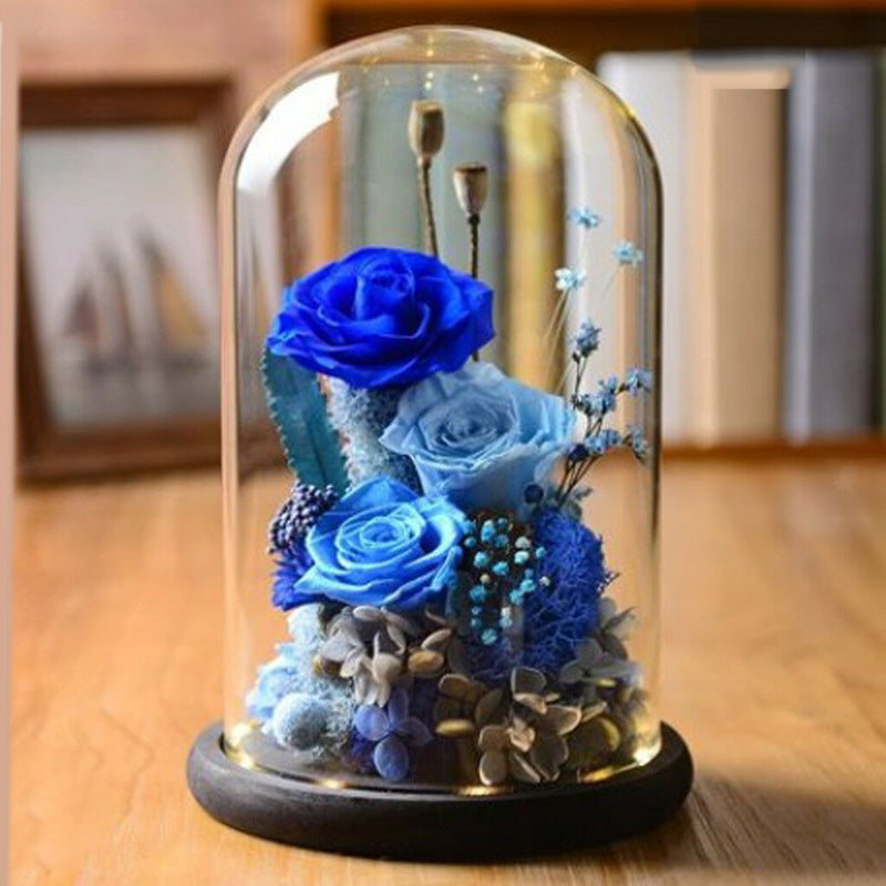 Glass Landscape Flower LED Light Ornament Cover Dome Display Stand _Brown D