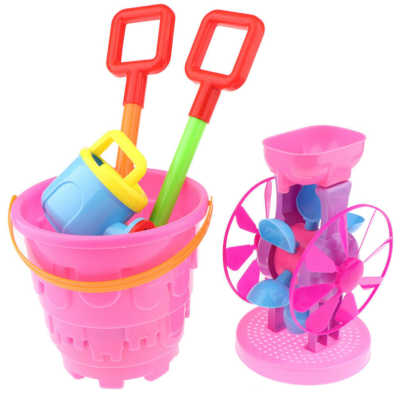 8pcs Beach Sand Toys Set - Water Wheel Sandglass, Bucket, Shovel, Rake, Animals