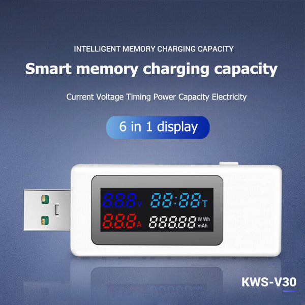 KWS-V30 6 in 1 USB Tester DC Voltage Power Timing Capacity Detector (White)