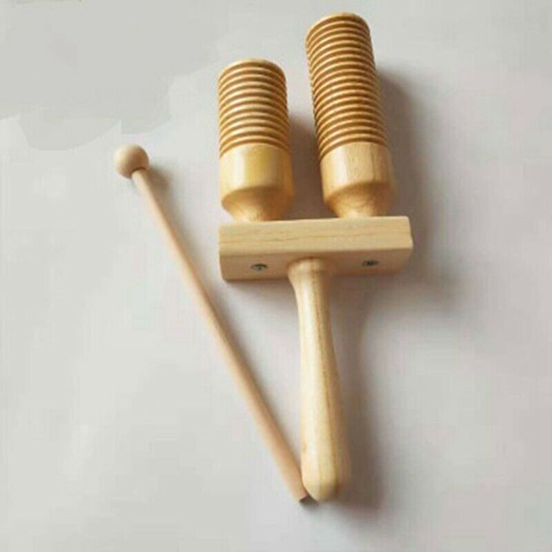 Music Percussion Pair of Wooden Agogo Bells Connected to Wooden Handle with U6V6