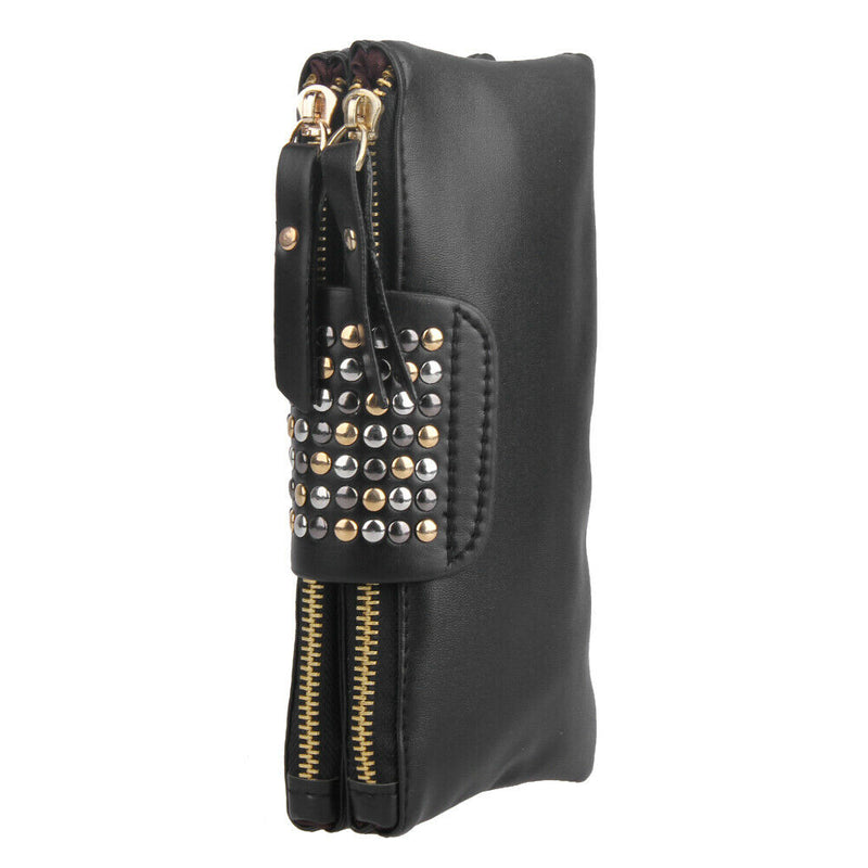 Women PU Leather Fashion Black Rivet Handbag Clutch Bag Zipper Long Wallet