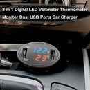 3in1 Car Digital LED Thermometer Dual USB Charger Cigarette Voltmeter 12V/24V