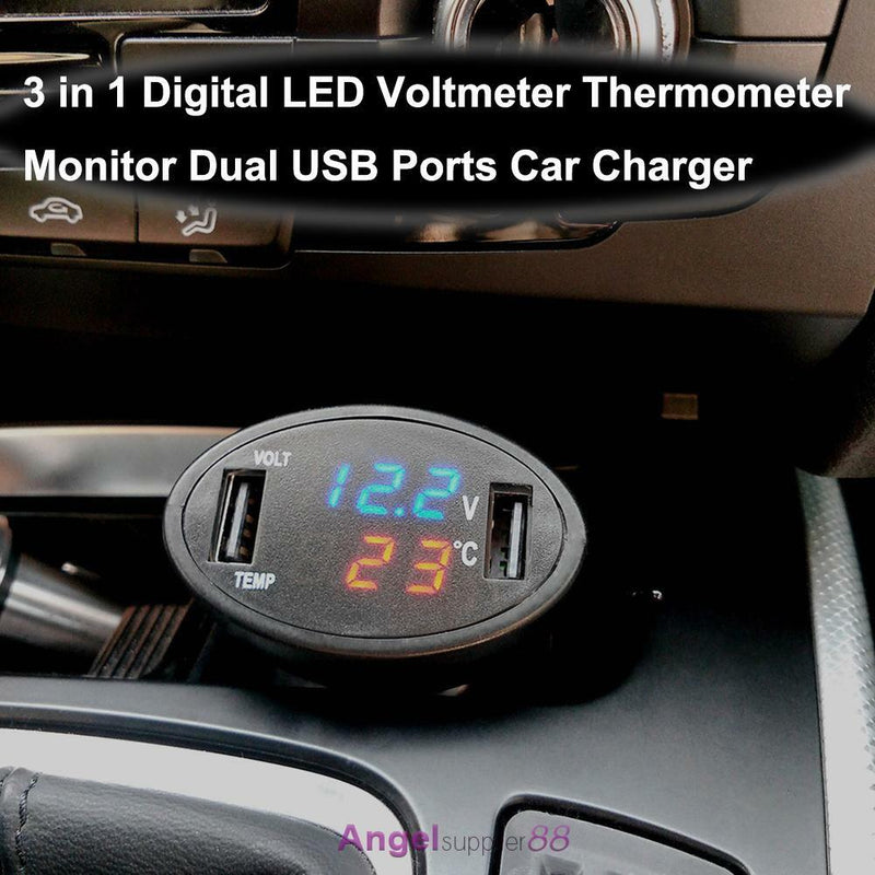 3in1 Car Digital LED Thermometer Dual USB Charger Cigarette Voltmeter 12V/24V