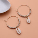 Shell Pendant Hoop Earrings Women Wooden Bead Drop Earrings Jewelry (White) A