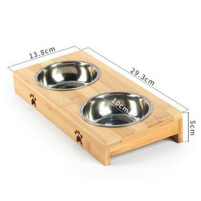Raised Pet Bowls for Cats Dogs Bamboo Elevated Pet Feeder Stainless  Double Bowl
