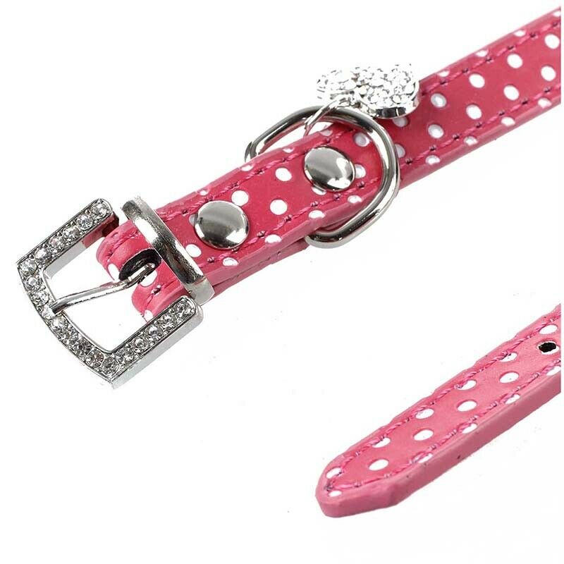 Rhinestone PU Leather Adjustable collar for Dog Cat Pet Pink XS