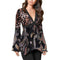 Sexy V-Neck Leopard Print Long Sleeve Women Daily Tops Blouse (Black M)