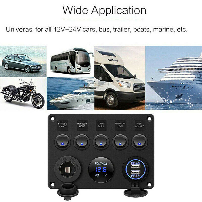 5 Gang Switch Panel 12V/24V Car Boat Marine Blue LED Rocker Breaker Contr Gw