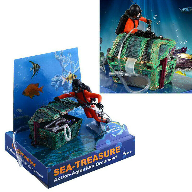 Frogman Diver Treasure Chest Shaped Action Air Ornament Fish Tank Aquarium HUI