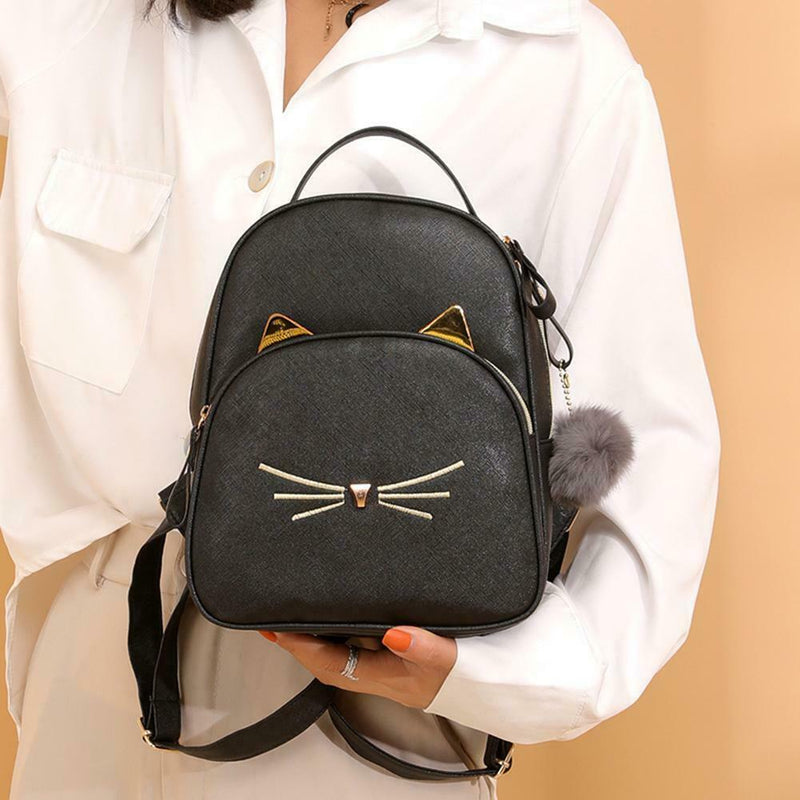 Teenagers Backpack PU Leather Shoulder Bag School Bags Girls Cat Square Satc