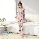 Women Autumn V-neck print 2-pcs Pajama Sets Floral Long Sleeve Sleep Wear C W1G9