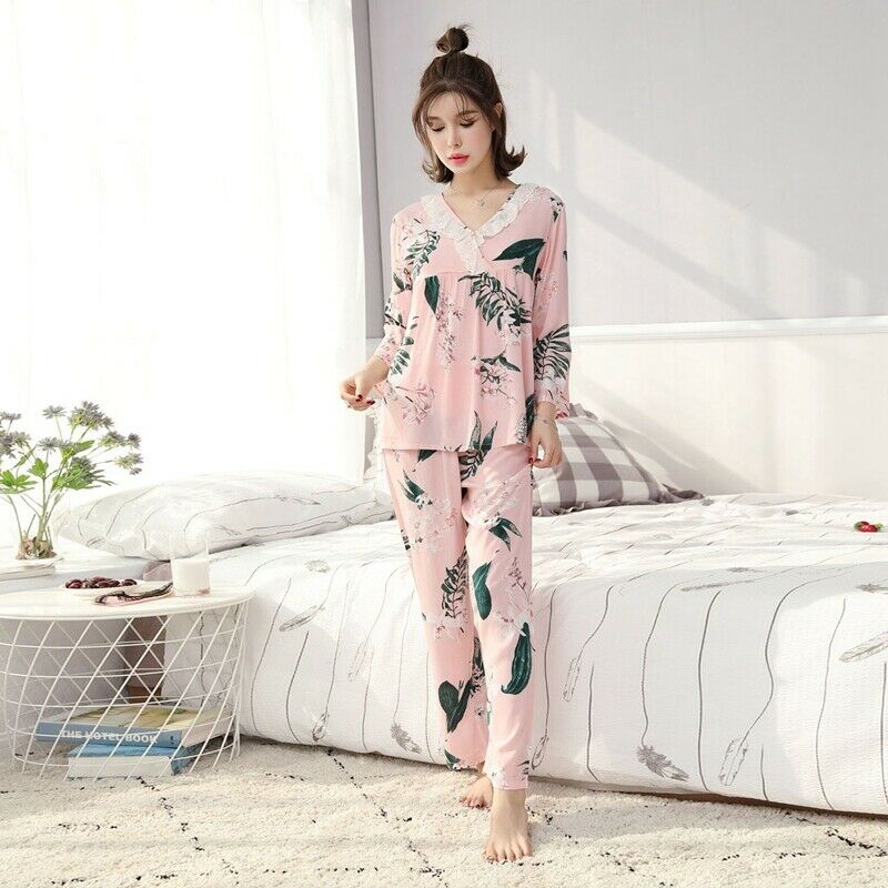 Women Autumn V-neck print 2-pcs Pajama Sets Floral Long Sleeve Sleep Wear C W1G9