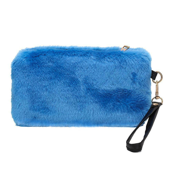 Women Evening Clutch Bag Plush Zip Handbag Female Solid Color Purse (Blue) A#S
