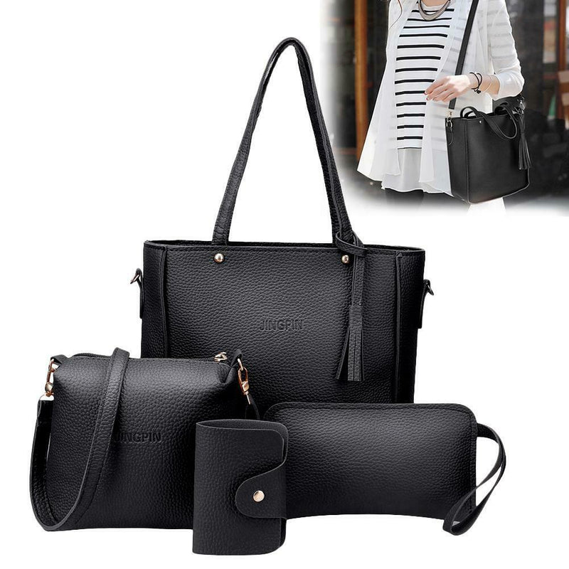 4pcs/Set Lichi Leather Tassels Women Tote Shoulder Clutch Card Bags (Black) A