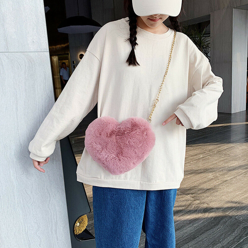 Heart Shape Messenger Bag Women Girl Plush Chain Shoulder Handbag (Bean)
