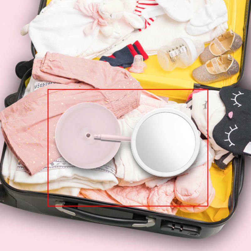 Folding Mirror LED Lighting Make Up Mirror USB Rechargeable With Storage Pink