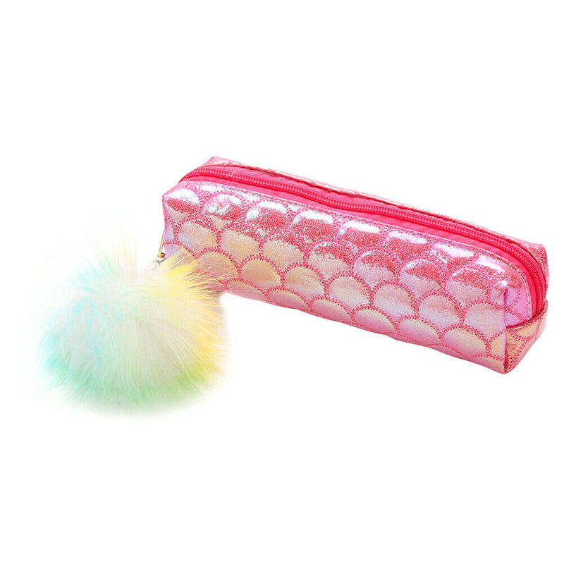 Fish Tail Sequin Pencil Case PU Pompom Pencil Bag School Stationery (Red) A