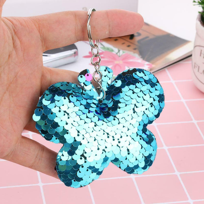 Butterfly Keychain Glitter Sequins Key Ring Women Car Bag Pendant (Blue) A