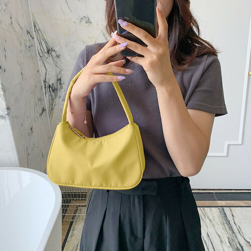 Nylon Casual Women Handbag Tote Female Solid Underarm Shoulder Bag (Yellow)