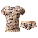 Mens Beige Camo T Shirt Summer Sports Tops  Brief Swim Trunk Set
