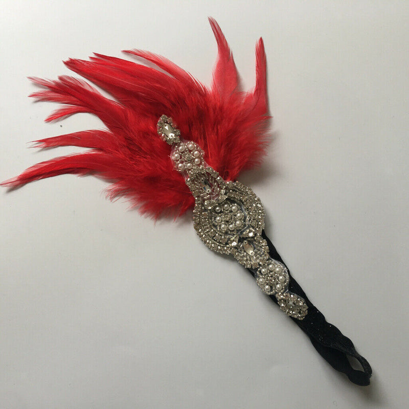Woman Feather Fascinator Headband 1920s  Rhinestone Forehead Headdress
