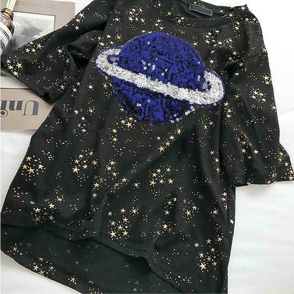 Summer Women Loose T-shirt Star Print Sequin Short-Sleeve TopsÃ¯Â¼Ë†Black) (XL)