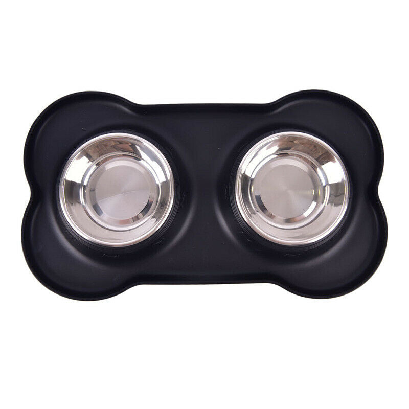 Pet Dog Double Feeder Bowl Stainless Steel Silicone Mat Food Water Bowl SetSEAU