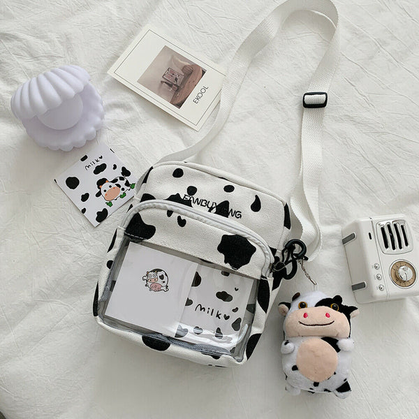 Canvas Women Cow Print Clear Splicing Pendant Shoulder Crossbody Bags (2) A#S
