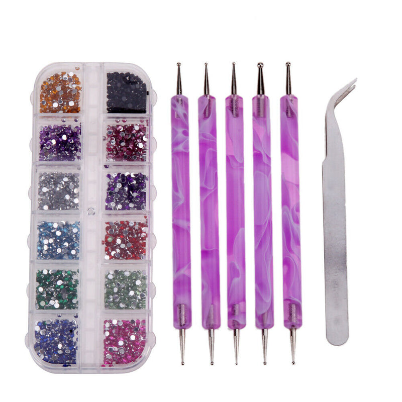 Nail Art Rhinestone+Tweezers Suit Nail Art Decor+5pcs Nail Art Dotting Pen