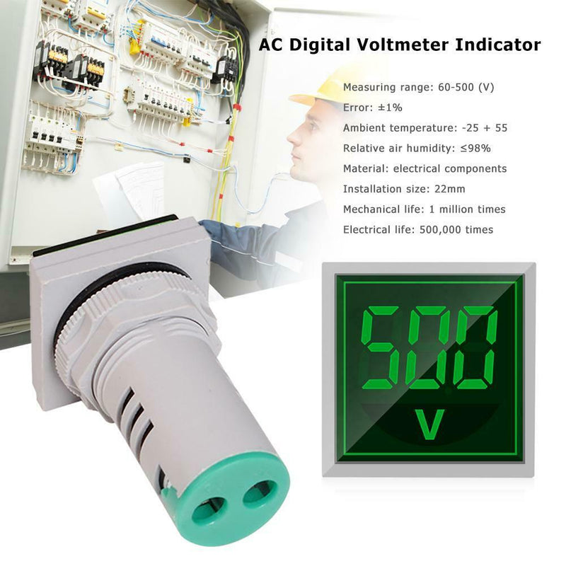 AC 60-500V Digital Voltmeter LED Indicator Lamp Square Signal Light (Green)