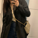 Retro Canvas Shoulder Chain Bag Women Elegant Plaid Pattern Crossbody Purse