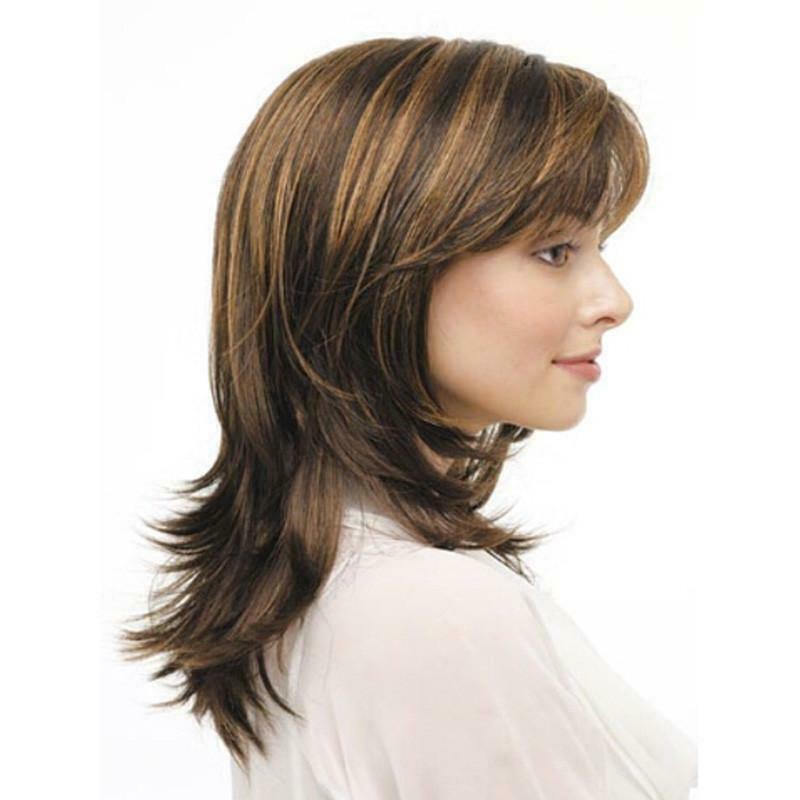 Women Short Synthetic Wigs Mixed Brown Straight Wavy Hair Wigs Natural for Party