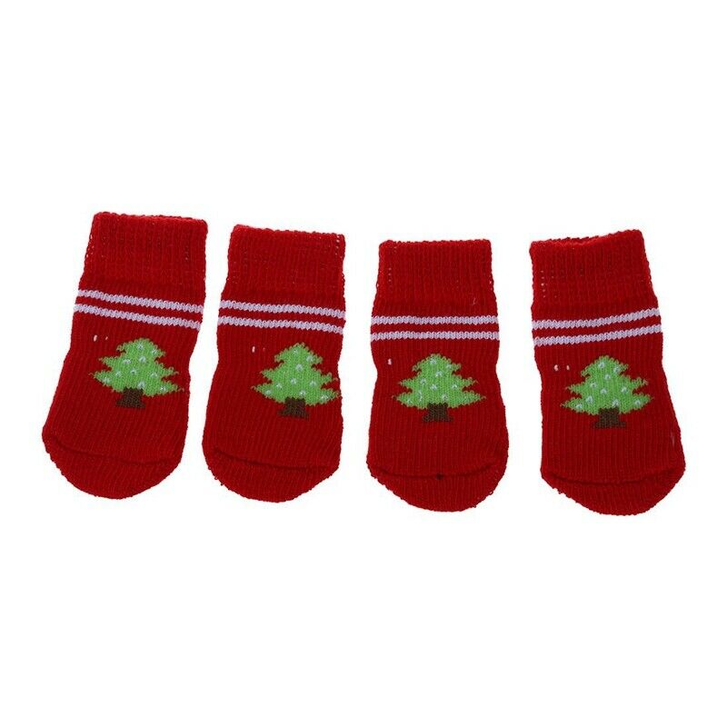 4 PCS Tree Pattern Knitted Nonslip Walking Bootie Sock Red for Dog P5N1