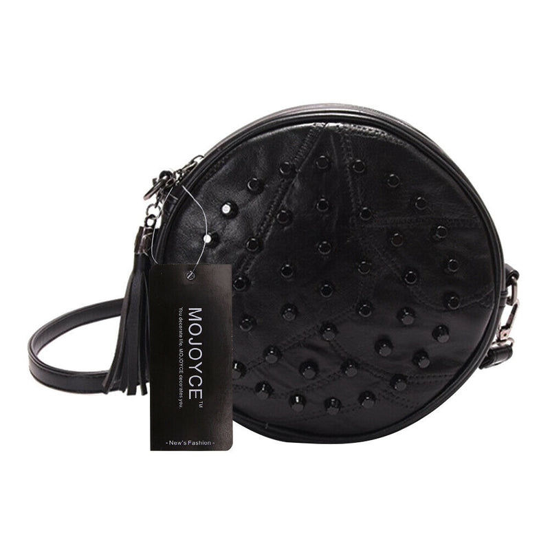 Women Sheepskin Rivet Cute Round Mini Shoulder Bag Crossbody Bag Black
